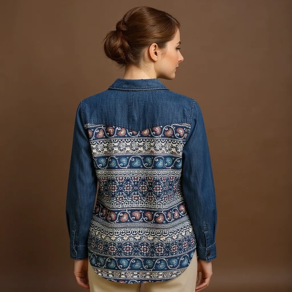 Distressed Chambray Tabbed Long Sleeve Mixed Pattern Button Front Shirt Size M